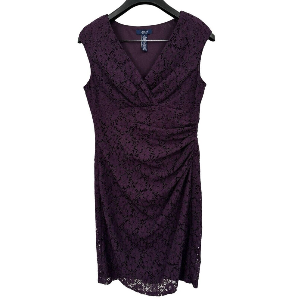 Chaps Dress 12 Sheath Purple Lace Cap Sleeve Ruched V-Neck Date Romantic Party